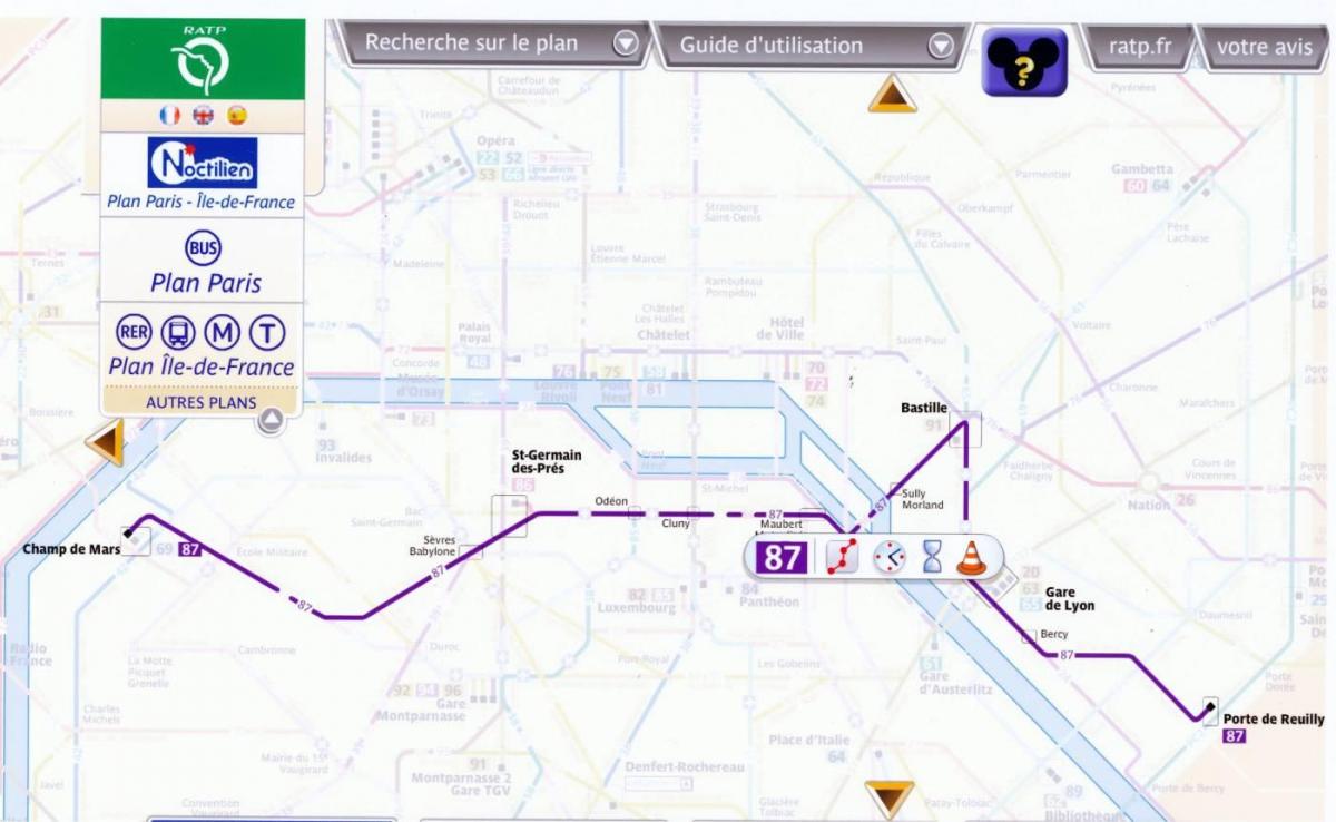 地图上的巴黎的巴士路线87 